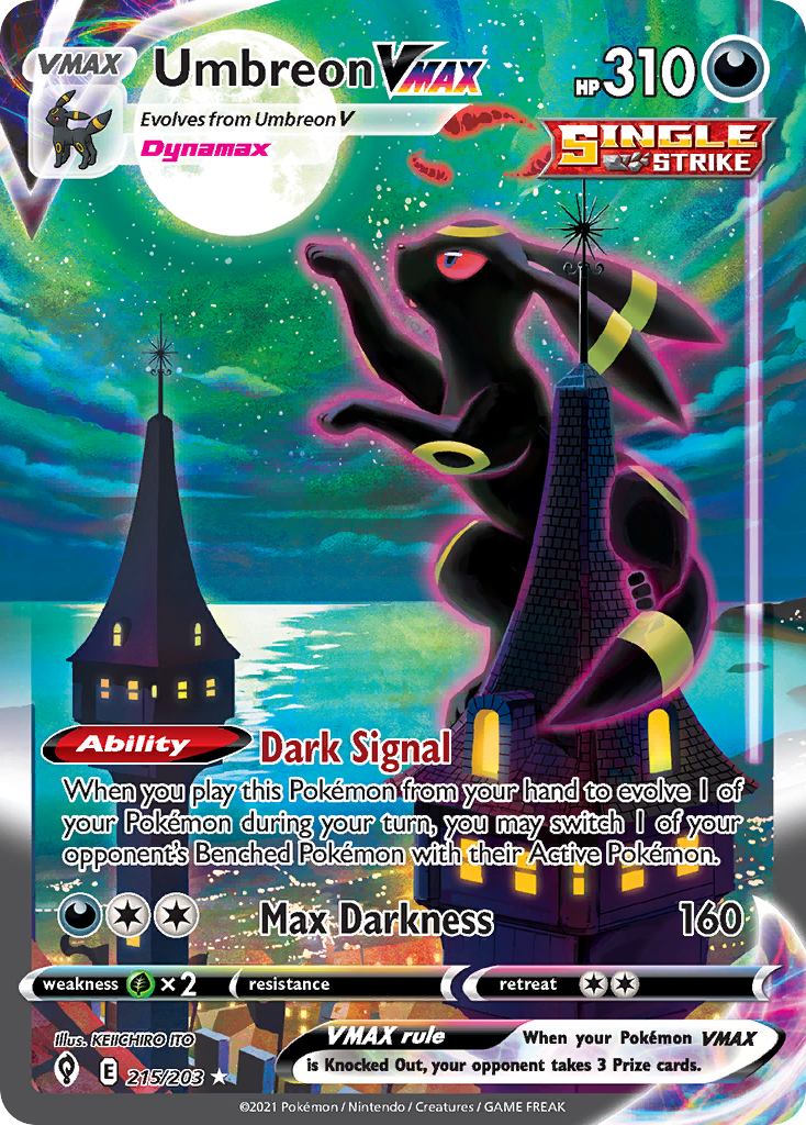 Umbreon VMAX alternate-art card under a moonlit rainbow sky